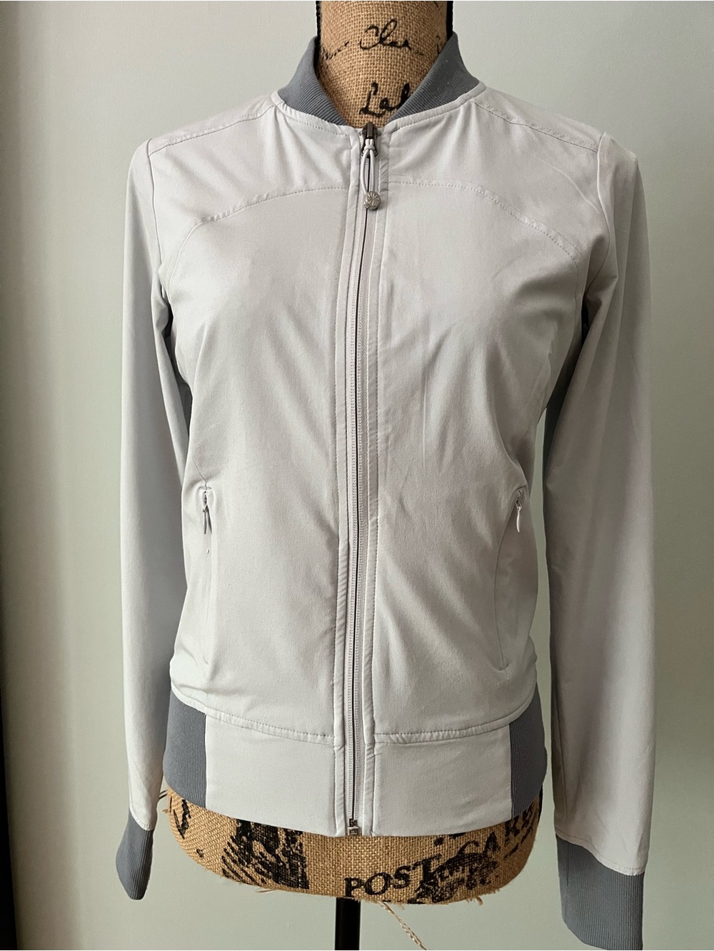 Athleta Light Gray Bomber Jacket with Heather Gray Trim